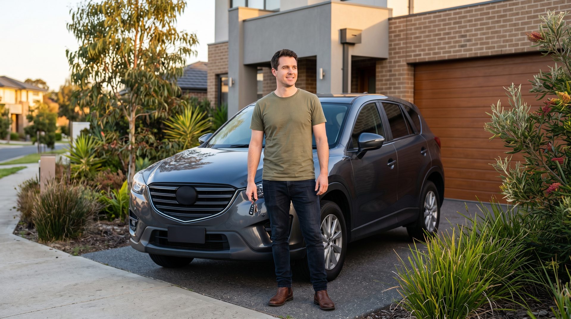 A man standing beside his car in the driveway of his home, holding the keys