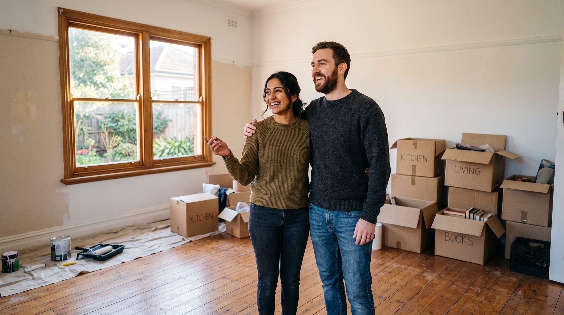 A couple standing together in their empty new home, surrounded by moving boxes