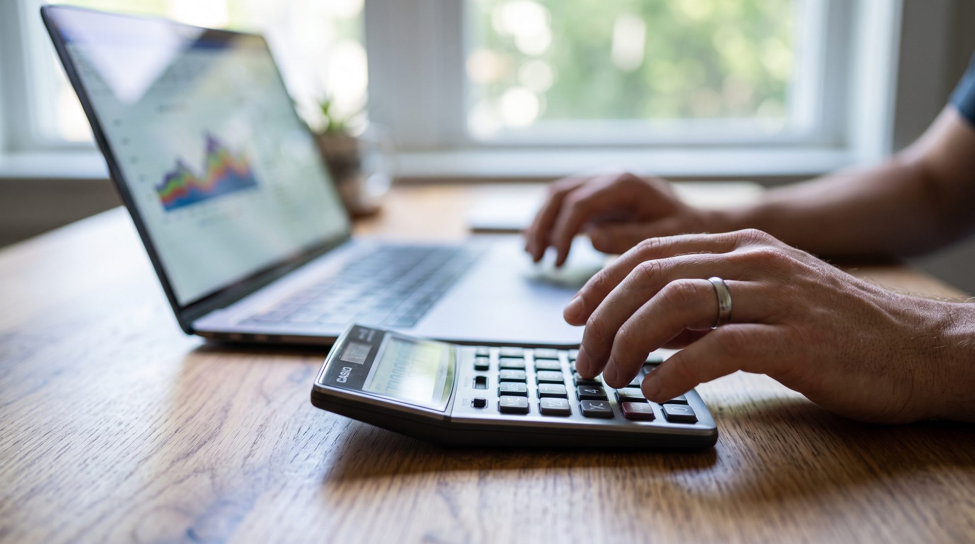 Hands using a calculator beside a laptop showing a chart