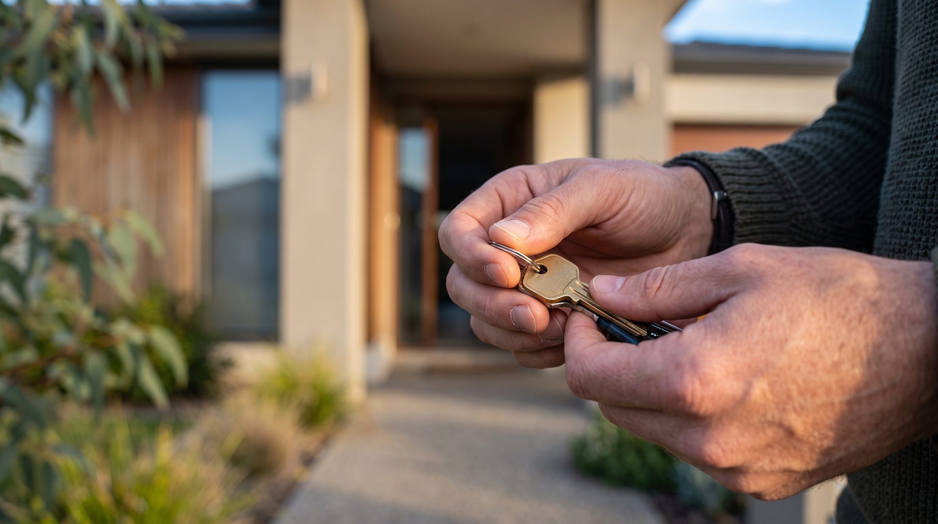 A close-up of hands holding a set of house keys