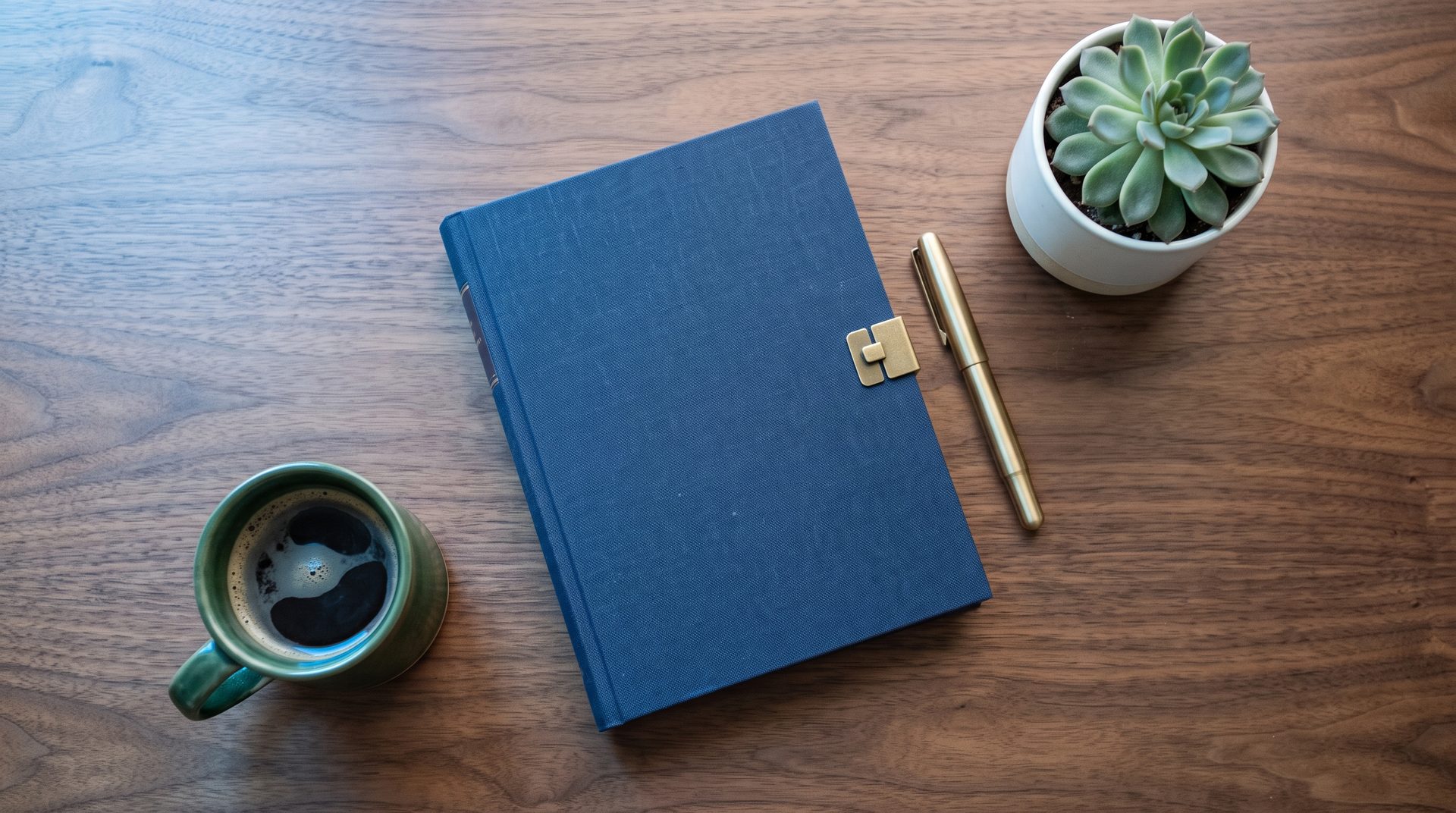 A tidy desk with a notebook, pen, coffee and a small plant, suggesting careful planning