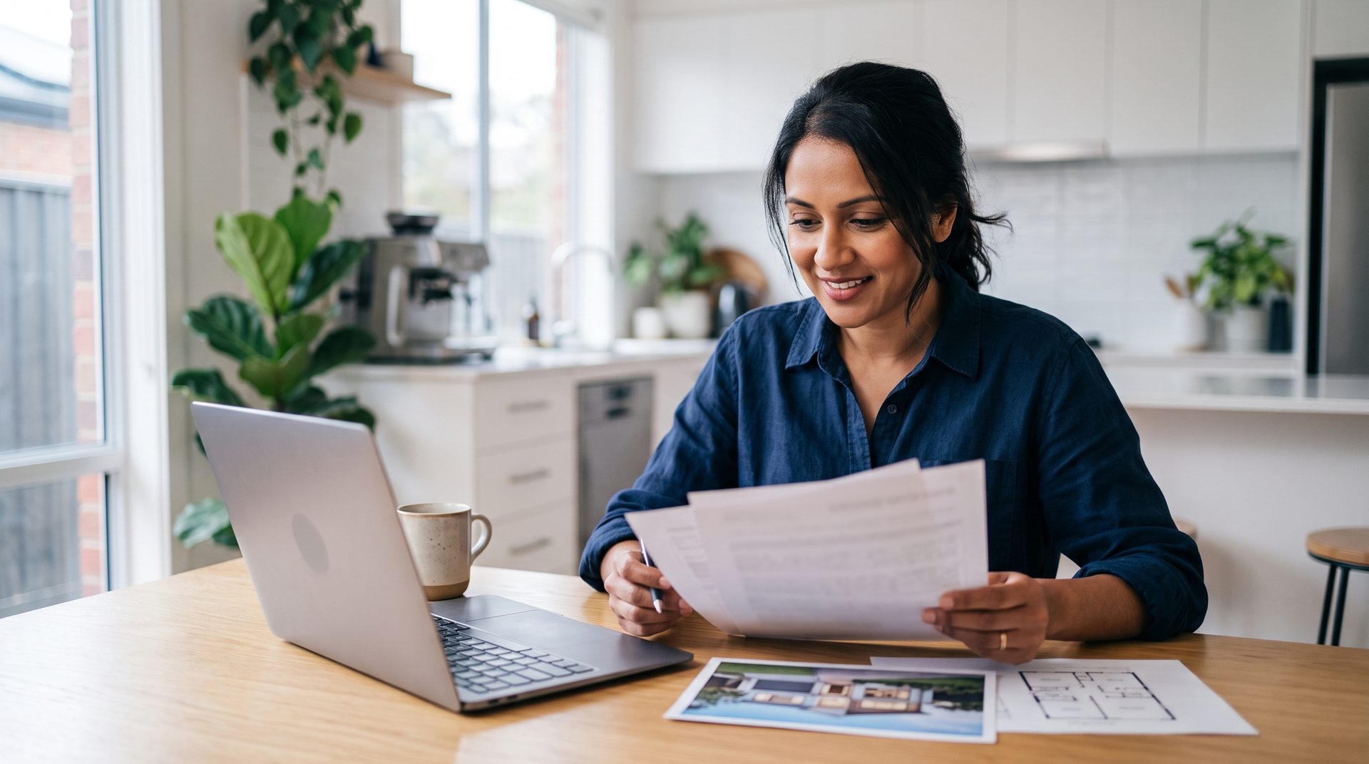 A woman reviewing property documents and a floor plan at her kitchen table