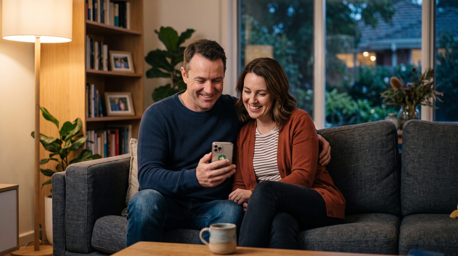 A couple sitting together on their couch at home, smiling at good news on a phone