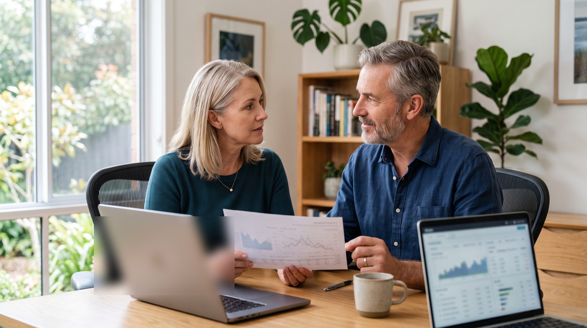 A couple reviewing financial charts together at a home office desk