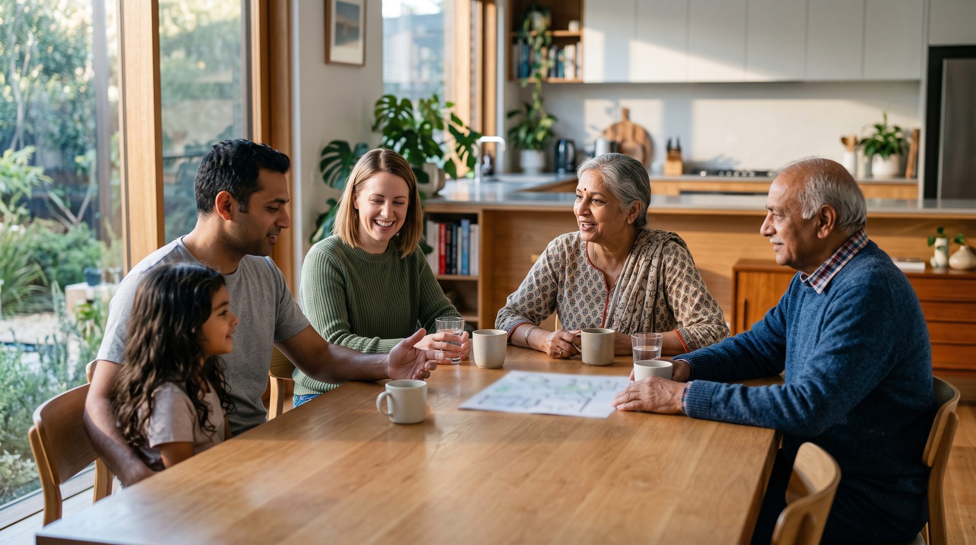 A multi-generational family gathered around the dining table at home